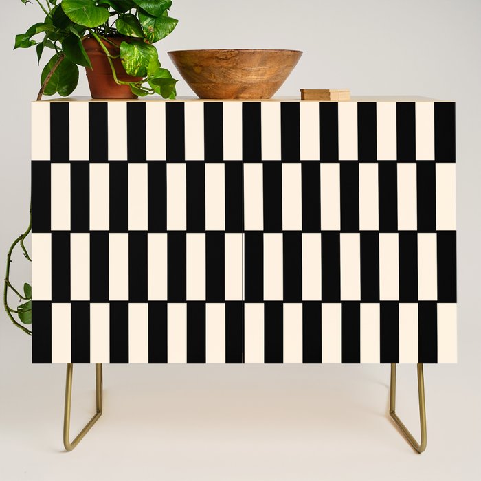 Long Blocks Retro Modern Geometric Checked Pattern in Black and Almond Cream Credenza Gallery Image 1