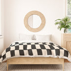 Long Blocks Retro Modern Geometric Checked Pattern in Black and Almond Cream Duvet Cover Gallery Image 3