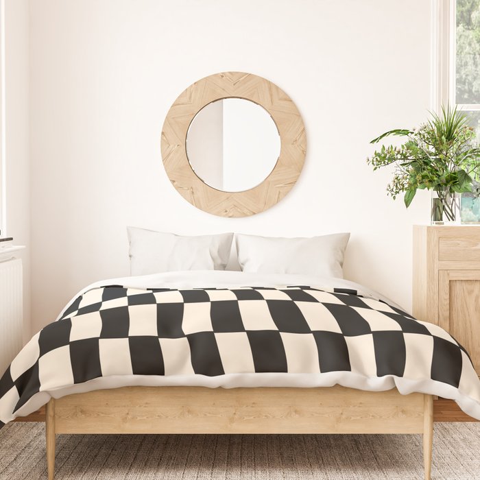 Long Blocks Retro Modern Geometric Checked Pattern in Black and Almond Cream Duvet Cover Gallery Image 3