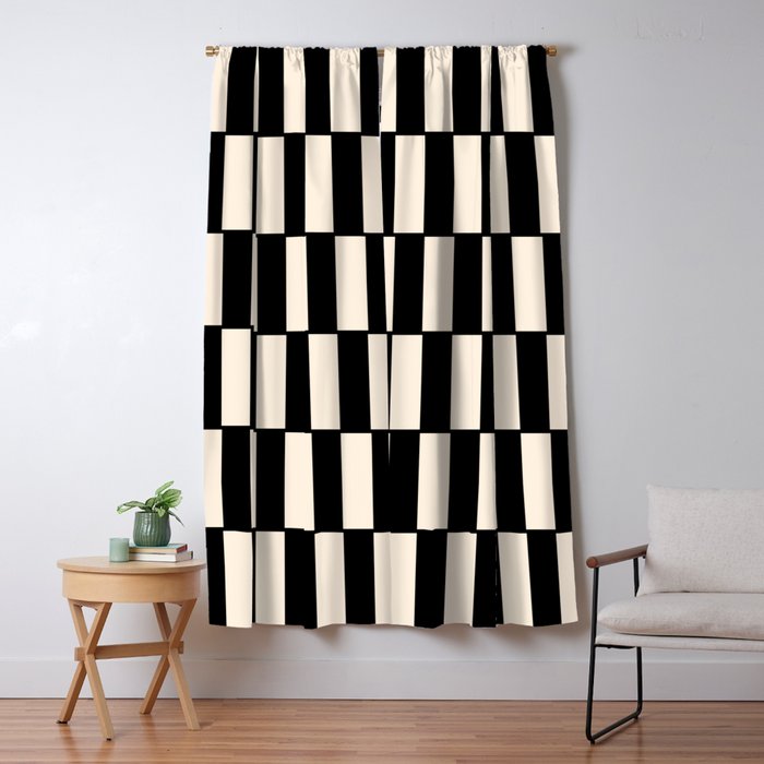 Long Blocks Retro Modern Geometric Checked Pattern in Black and Almond Cream Window Curtain Gallery Image 1
