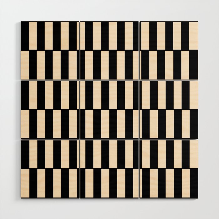 Long Blocks Retro Modern Geometric Checked Pattern in Black and Almond Cream Wood Wall Art Gallery Image 1