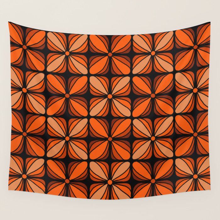 Retro 70s square mod flowers orange brown Wall Tapestry Gallery Image 4