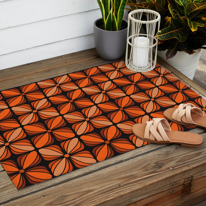 Retro 70s square mod flowers orange brown Outdoor Rug Gallery Image 2