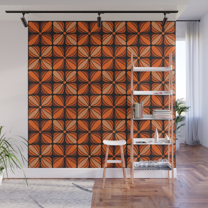 Retro 70s square mod flowers orange brown Wall Mural Gallery Image 1
