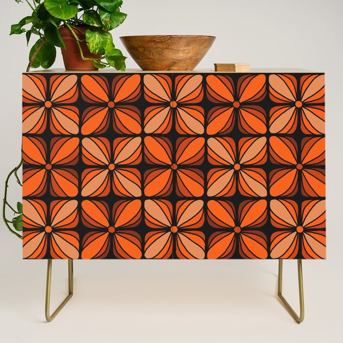 Retro 70s square mod flowers orange brown Credenza Gallery Image 1