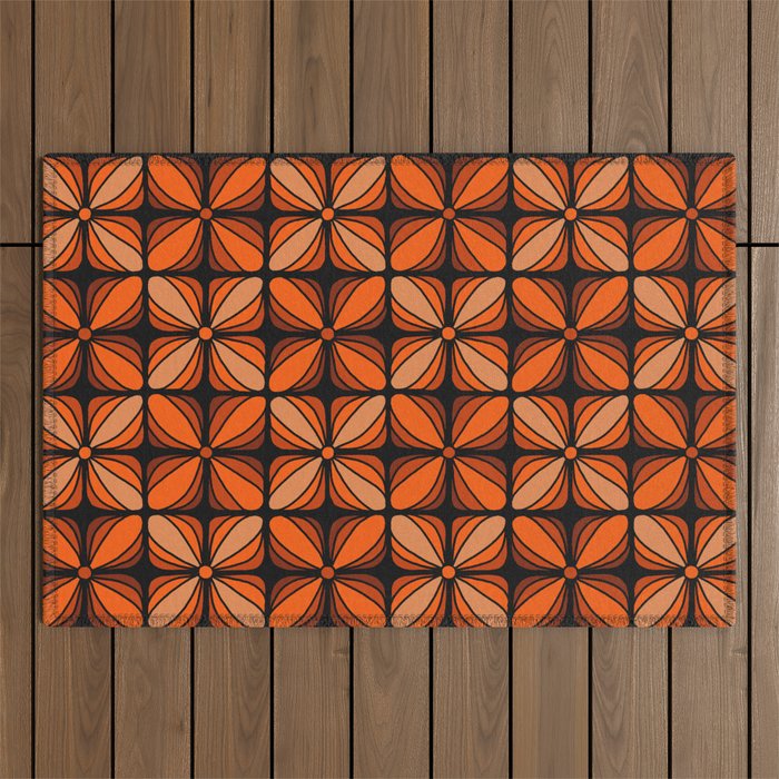 Retro 70s square mod flowers orange brown Outdoor Rug Gallery Image 1