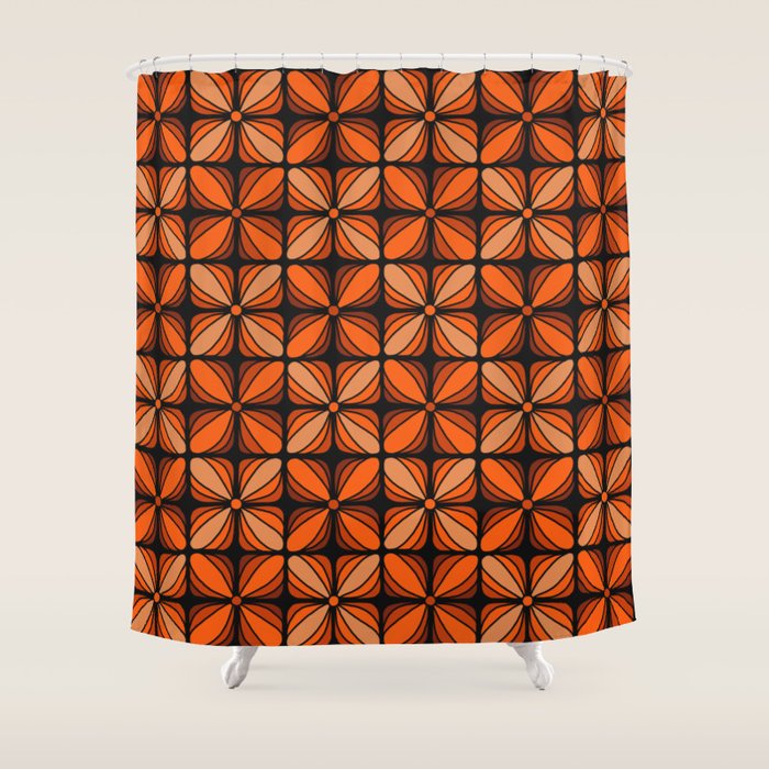 Retro 70s square mod flowers orange brown Shower Curtain Gallery Image 1