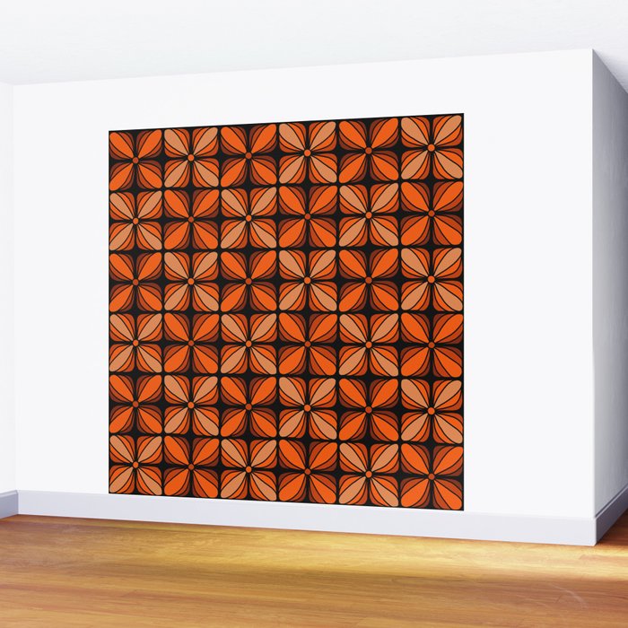 Retro 70s square mod flowers orange brown Wall Mural Gallery Image 2
