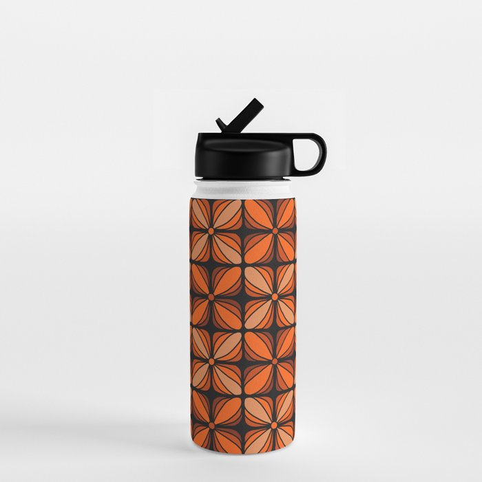 Retro 70s square mod flowers orange brown Water Bottle Gallery Image 1