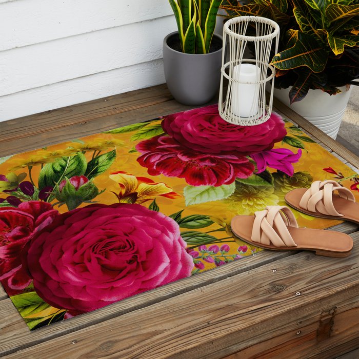 Vintage & Shabby Chic - Sunny Magenta Spring Roses Botanical Flower Garden Outdoor Rug Gallery Image 2