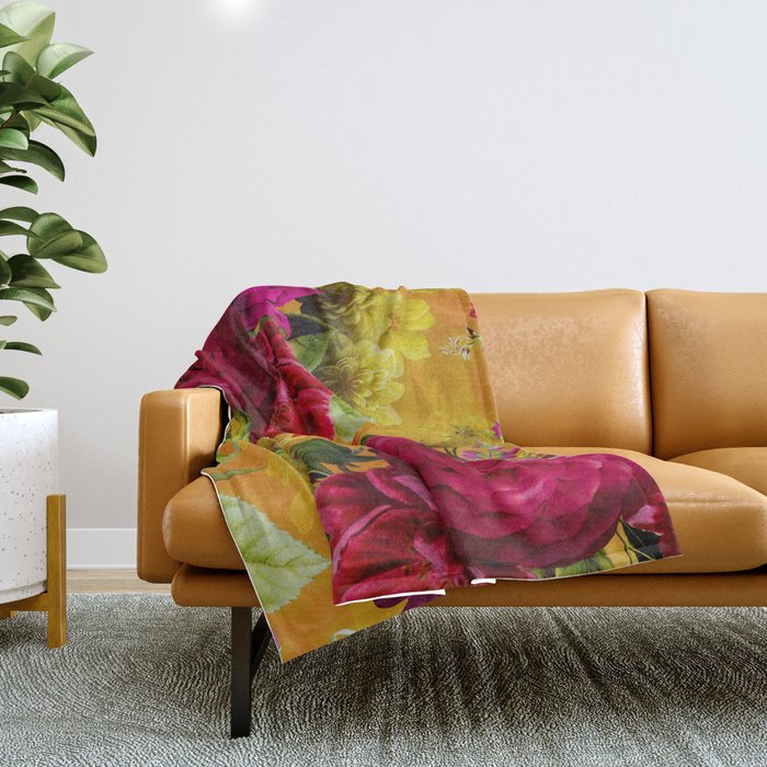Vintage & Shabby Chic - Sunny Magenta Spring Roses Botanical Flower Garden Throw Blanket Gallery Image 1