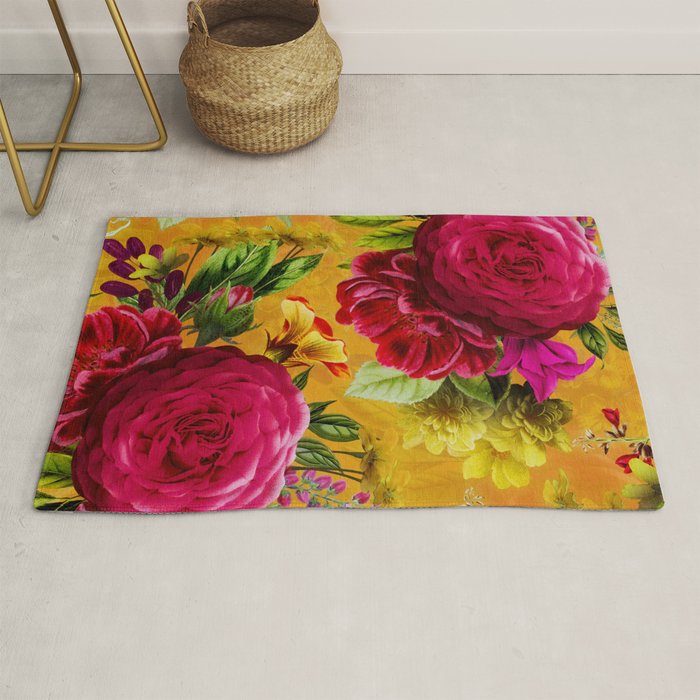 Vintage & Shabby Chic - Sunny Magenta Spring Roses Botanical Flower Garden Rug Gallery Image 1