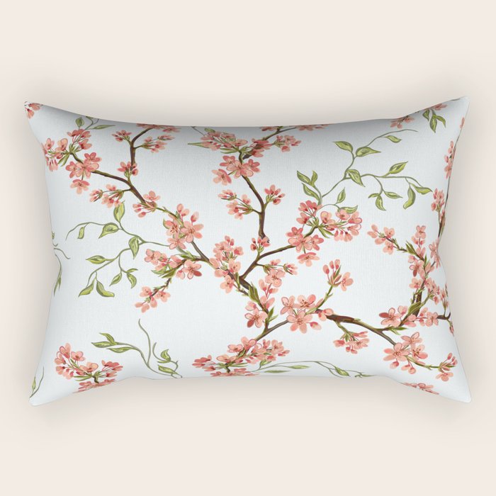 Chinoiserie Cherry Blossom Floral Rose Pink & White Rectangular Pillow Gallery Image 2