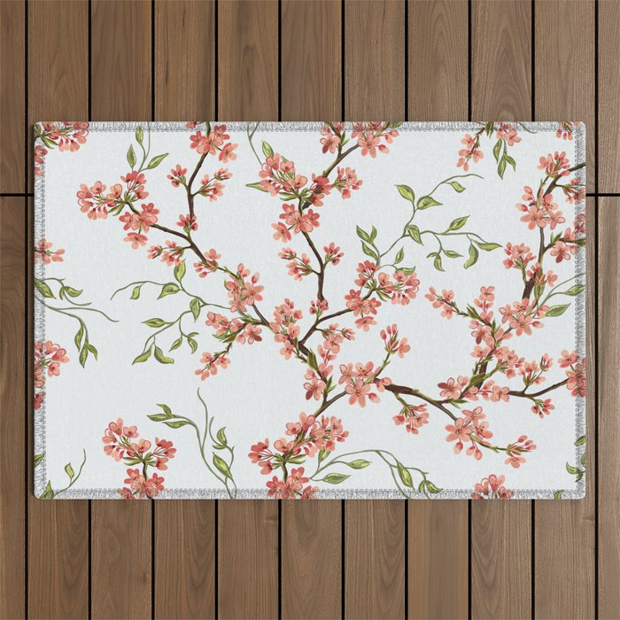 Chinoiserie Cherry Blossom Floral Rose Pink & White Outdoor Rug Gallery Image 1