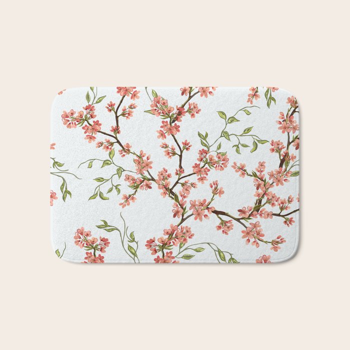 Chinoiserie Cherry Blossom Floral Rose Pink & White Bath Mat Gallery Image 1
