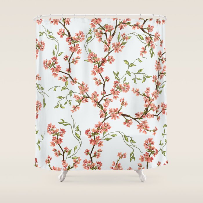 Chinoiserie Cherry Blossom Floral Rose Pink & White Shower Curtain Gallery Image 1