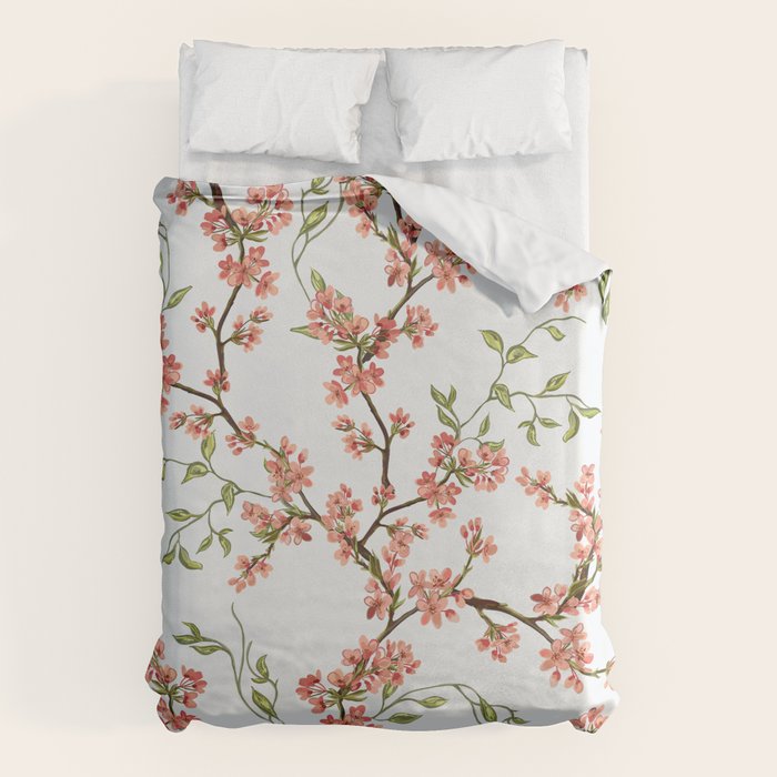 Chinoiserie Cherry Blossom Floral Rose Pink & White Duvet Cover Gallery Image 1