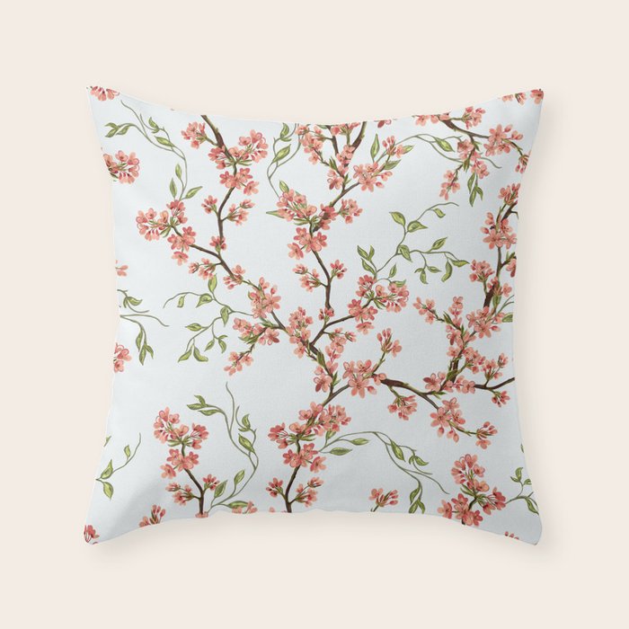 Chinoiserie Cherry Blossom Floral Rose Pink & White Throw Pillow Gallery Image 1