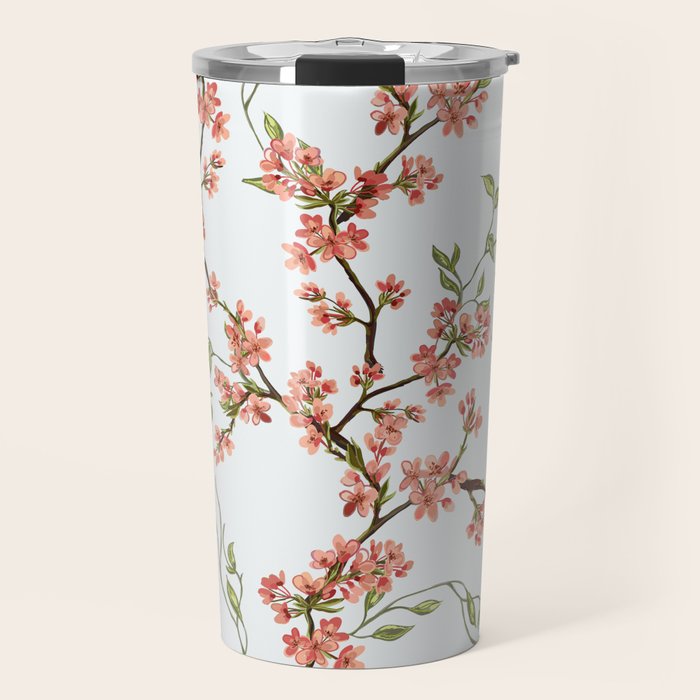 Chinoiserie Cherry Blossom Floral Rose Pink & White Travel Mug Gallery Image 1
