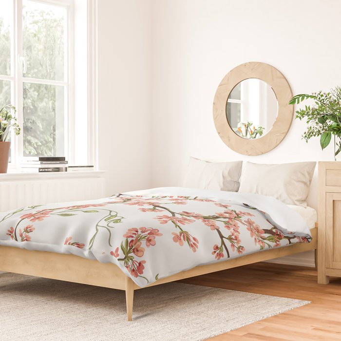Chinoiserie Cherry Blossom Floral Rose Pink & White Duvet Cover Gallery Image 2