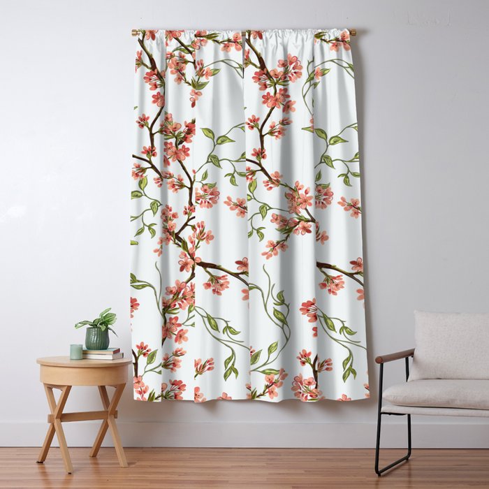 Chinoiserie Cherry Blossom Floral Rose Pink & White Window Curtain Gallery Image 1