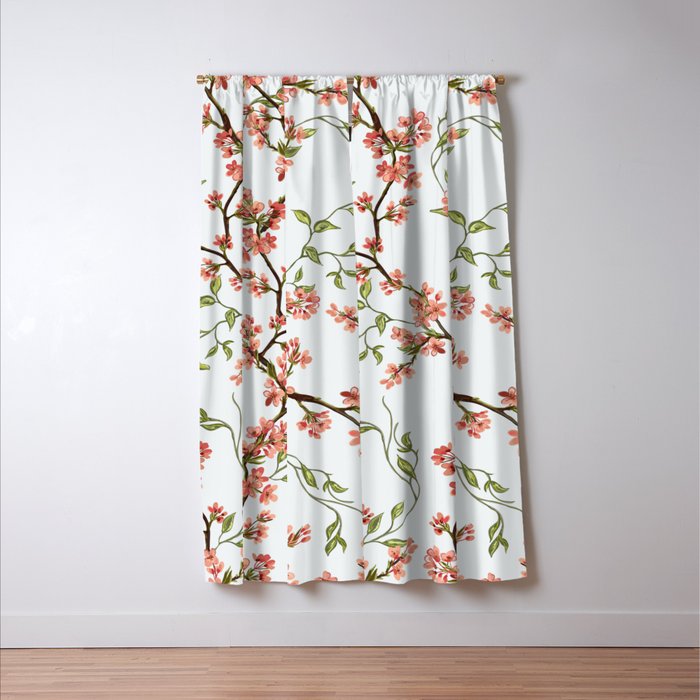 Chinoiserie Cherry Blossom Floral Rose Pink & White Window Curtain Gallery Image 3
