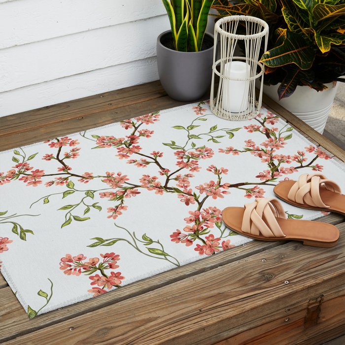 Chinoiserie Cherry Blossom Floral Rose Pink & White Outdoor Rug Gallery Image 2