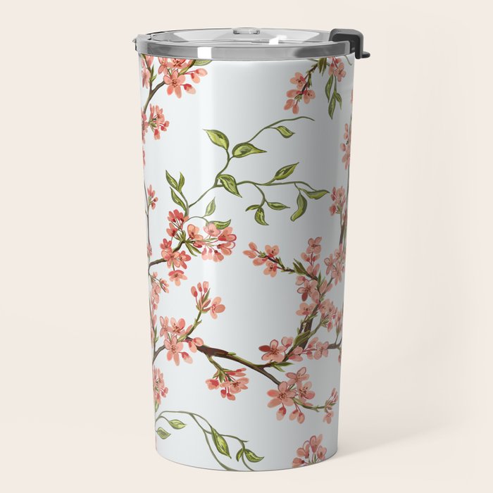 Chinoiserie Cherry Blossom Floral Rose Pink & White Travel Mug Gallery Image 2