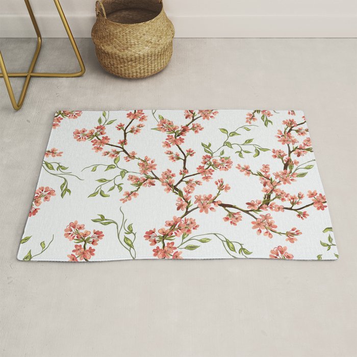 Chinoiserie Cherry Blossom Floral Rose Pink & White Rug Gallery Image 1