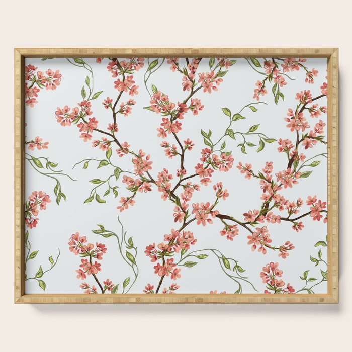 Chinoiserie Cherry Blossom Floral Rose Pink & White Serving Tray Gallery Image 1