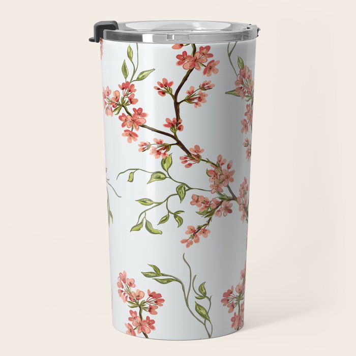 Chinoiserie Cherry Blossom Floral Rose Pink & White Travel Mug Gallery Image 3