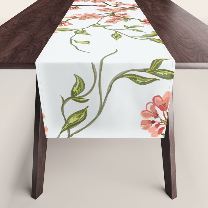 Chinoiserie Cherry Blossom Floral Rose Pink & White Table Runner Gallery Image 1