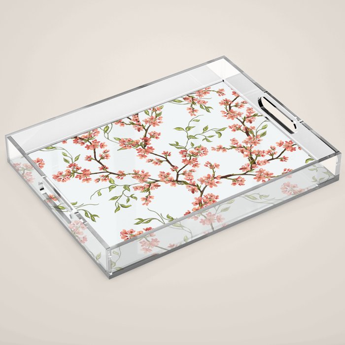 Chinoiserie Cherry Blossom Floral Rose Pink & White Acrylic Tray Gallery Image 1