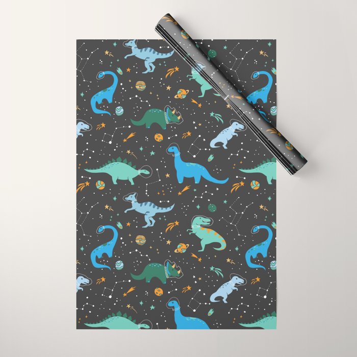 Dinosaurs in Space in Blue Wrapping Paper Gallery Image 1