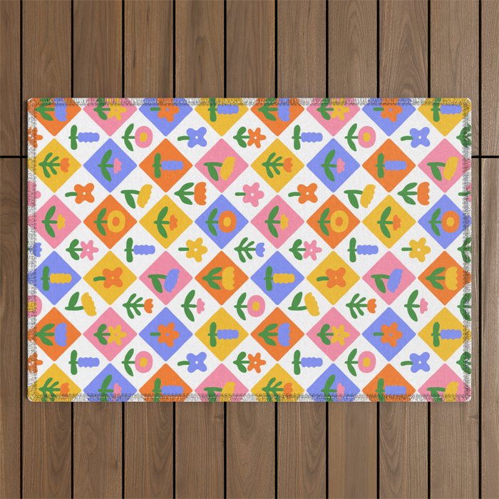 Retro colorful geometric flower art pattern Outdoor Rug Gallery Image 1