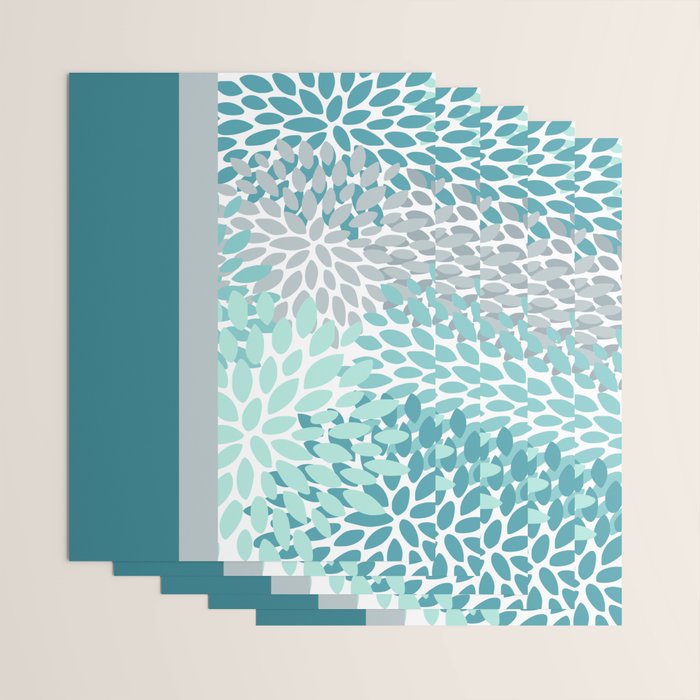 Festive, Floral, Color Block, Teal, Turquoise, Gray Wrapping Paper Gallery Image 3