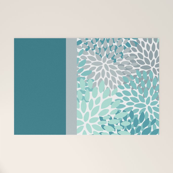 Festive, Floral, Color Block, Teal, Turquoise, Gray Welcome Mat Gallery Image 1