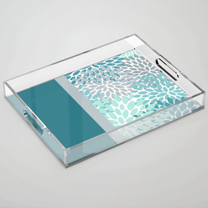 Festive, Floral, Color Block, Teal, Turquoise, Gray Acrylic Tray Gallery Image 1