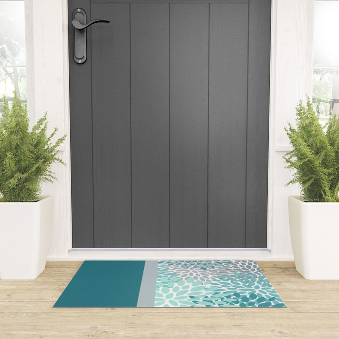 Festive, Floral, Color Block, Teal, Turquoise, Gray Welcome Mat Gallery Image 3