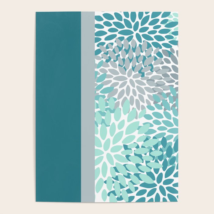 Festive, Floral, Color Block, Teal, Turquoise, Gray Poster Gallery Image 4