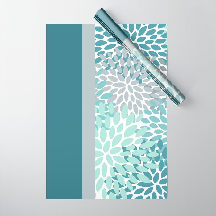Festive, Floral, Color Block, Teal, Turquoise, Gray Wrapping Paper Gallery Image 1