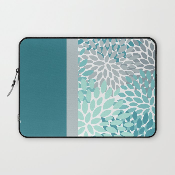 Festive, Floral, Color Block, Teal, Turquoise, Gray Laptop Sleeve Gallery Image 1