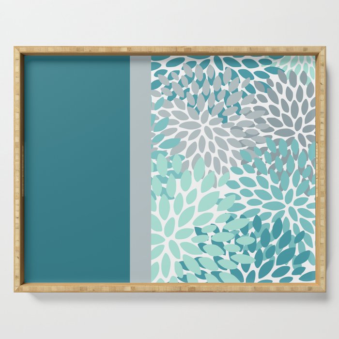 Festive, Floral, Color Block, Teal, Turquoise, Gray Serving Tray Gallery Image 1
