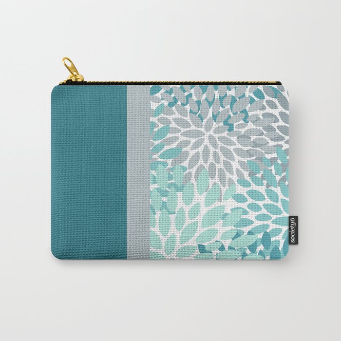 Festive, Floral, Color Block, Teal, Turquoise, Gray Carry All Pouch Gallery Image 1