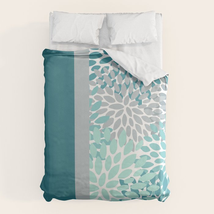 Festive, Floral, Color Block, Teal, Turquoise, Gray Duvet Cover Gallery Image 6