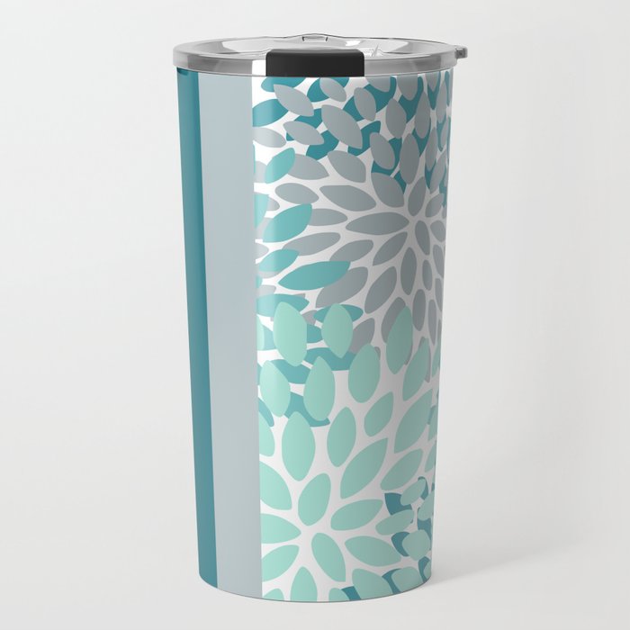 Festive, Floral, Color Block, Teal, Turquoise, Gray Travel Mug Gallery Image 1