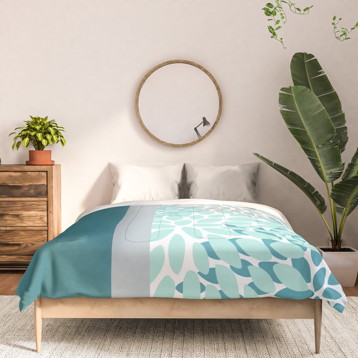 Festive, Floral, Color Block, Teal, Turquoise, Gray Comforter Gallery Image 3
