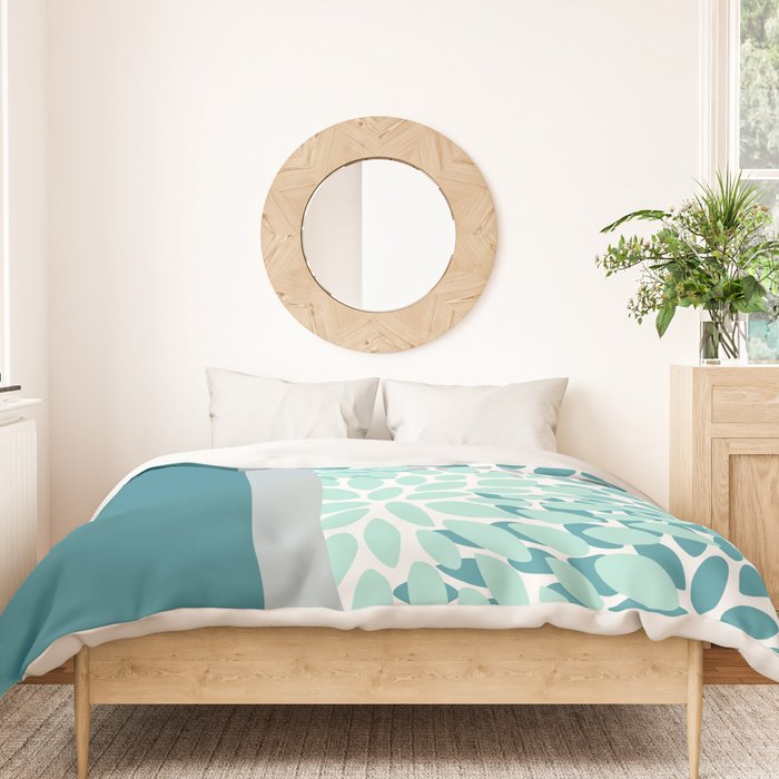 Festive, Floral, Color Block, Teal, Turquoise, Gray Duvet Cover Gallery Image 3