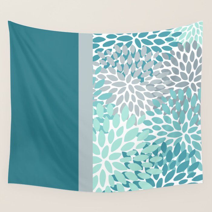 Festive, Floral, Color Block, Teal, Turquoise, Gray Wall Tapestry Gallery Image 1