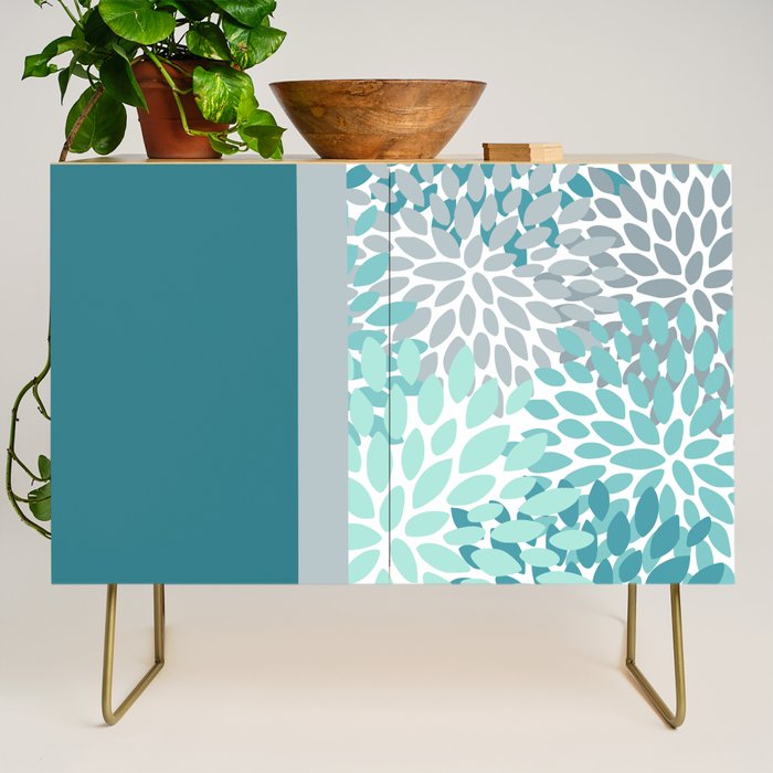 Festive, Floral, Color Block, Teal, Turquoise, Gray Credenza Gallery Image 1